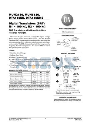 DTA115EET1G datasheet - Digital Transistors (BRT) R1 = 100 k, R2 = 100 k