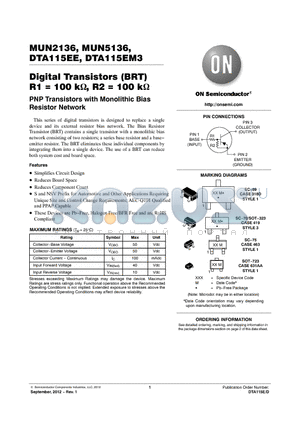DTA115EM3T5G datasheet - Digital Transistors (BRT) R1 = 100 k, R2 = 100 k