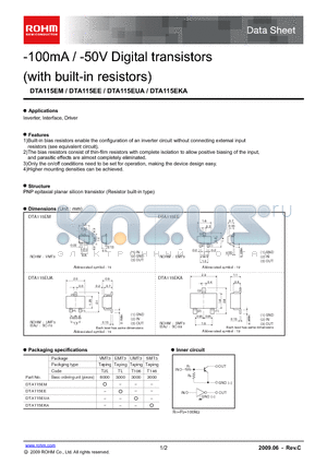 DTA115EUA datasheet - -100mA / -50V Digital transistors (with built-in resistors)