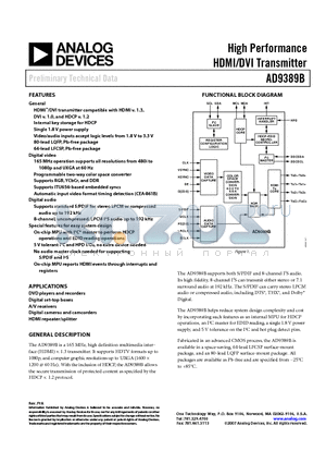 AD9389BBSTZ-80 datasheet - High Performance HDMI/DVI Transmitter