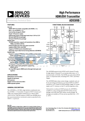 AD9389B datasheet - High Performance HDMI/DVI Transmitter