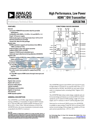 AD9387NKBCPZ-80 datasheet - High Performance, Low Power HDMI/DVI Transmitter