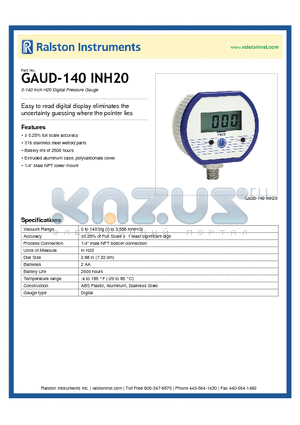 GAUD-140INH20 datasheet - 0-140 Inch H20 Digital Pressure Gauge