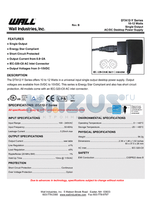 DTA12-Y datasheet - 10-12 Watts Single Output AC/DC Desktop Power Supply