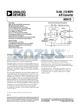 AD9410 datasheet - 10-Bit, 210 MSPS A/D Converter