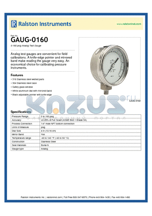 GAUG-0160 datasheet - 0-160 psig Analog Test Gauge