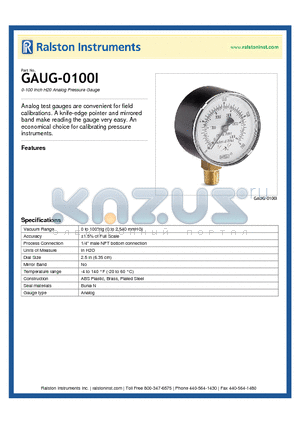 GAUG-0100I datasheet - 0-100 Inch H20 Analog Pressure Gauge