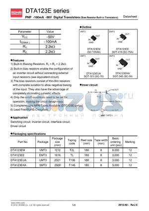 DTA123E datasheet - PNP -100mA -50V Digital Transistors (Bias Resistor Built-in Transistors)