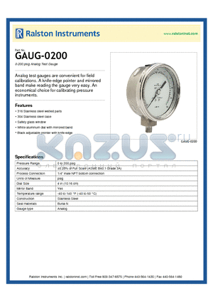 GAUG-0200 datasheet - 0-200 psig Analog Test Gauge