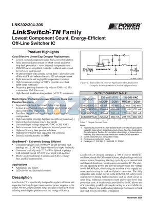 LNK302P datasheet - Lowest Component Count, Energy-Efficient Off-Line Switcher IC