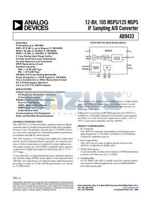 AD9433 datasheet - 12-Bit, 105 MSPS/125 MSPS IF Sampling A/D Converter