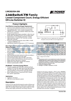 LNK302 datasheet - Lowest Component Count, Energy-Effi cient Off-Line Switcher IC