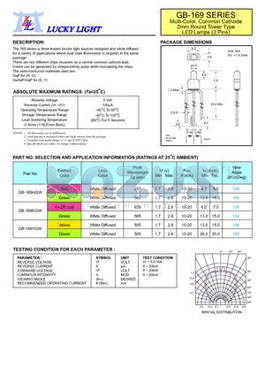 GB-169 datasheet - Multi-Color, Common Cathode 2mm Round Tower Type LED Lamps (3 Pins)