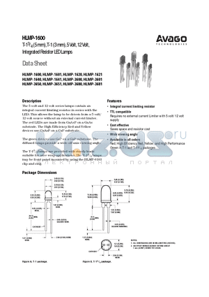 HLMP-1601 datasheet - T-13/4 (5 mm), T-1 (3 mm), 5 Volt, 12 Volt Integrated Resistor LED Lamps