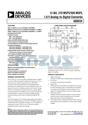 AD9434BCPZ-500 datasheet - 12-Bit, 370 MSPS/500 MSPS, 1.8 V Analog-to-Digital Converter