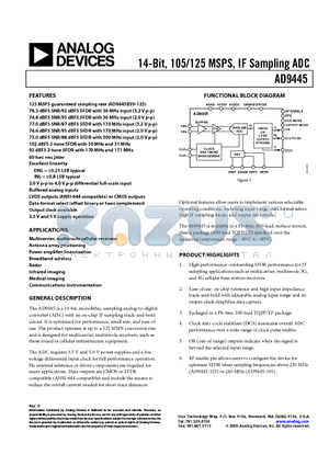 AD9445BSVZ-105 datasheet - 14-Bit, 105/125 MSPS, IF Sampling ADC