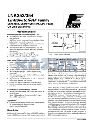 LNK354P datasheet - Enhanced, Energy Efficient, Low Power Off-Line Switcher IC