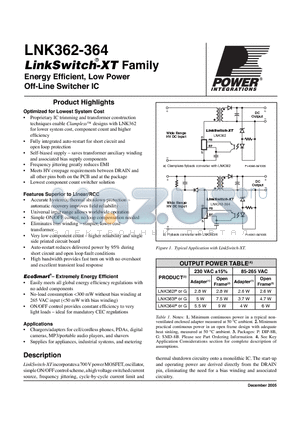 LNK362G datasheet - Energy Effi cient, Low Power Off-Line Switcher IC