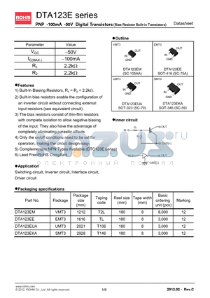 DTA123EM datasheet - PNP -100mA -50V Digital Transistors (Bias Resistor Built-in Transistors)