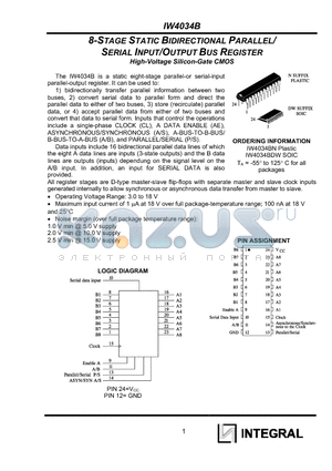 IW4034BDW datasheet - 8-STAGE STATIC BIDIRECTIONAL PARALLEL/ SERIAL INPUT/OUTPUT BUS REGISTER