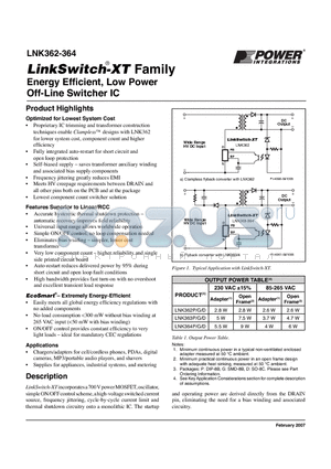 LNK364P/G/D datasheet - Energy Effi cient, Low Power Off-Line Switcher IC