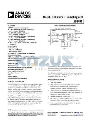 AD9461BSVZ datasheet - 16-Bit, 130 MSPS IF Sampling ADC