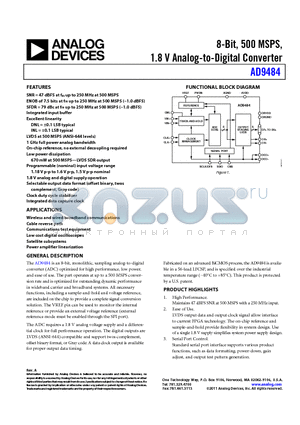 AD9484 datasheet - 8-Bit, 500 MSPS, 1.8 V Analog-to-Digital Converter Excellent linearity