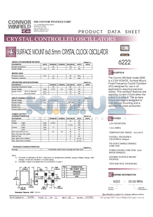 6222-25.00M datasheet - 2.5V SURFACE MOUNT 6x3.5mm CRYSTAL CLOCK OSCILLATOR