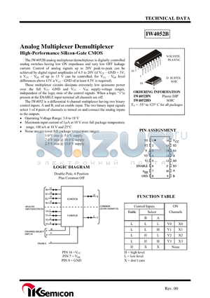 IW4052B datasheet - Analog Multiplexer Demultiplexer High-Performance Silicon-Gate CMOS