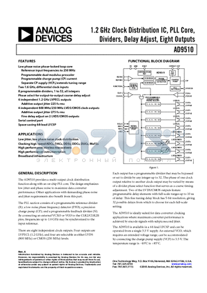 AD9510 datasheet - 1.2 GHz Clock Distribution IC, PLL Core, Dividers, Delay Adjust, Eight Outputs