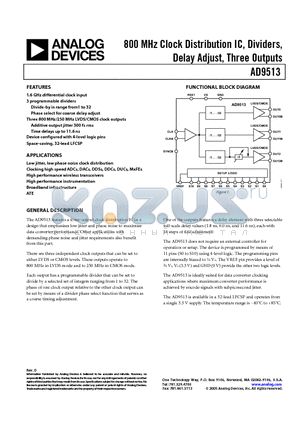 AD9513BCPZ-REEL7 datasheet - 800 MHz Clock Distribution IC, Dividers, Delay Adjust, Three Outputs