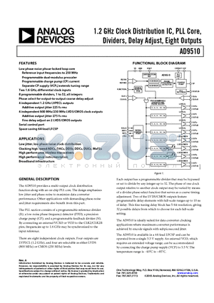 AD9510BCPZ datasheet - 1.2 GHz Clock Distribution IC, PLL Core, Dividers, Delay Adjust, Eight Outputs