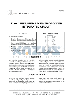 IC1001 datasheet - INFRARED RECEIVER/DECODER INTEGRATED CIRCUIT