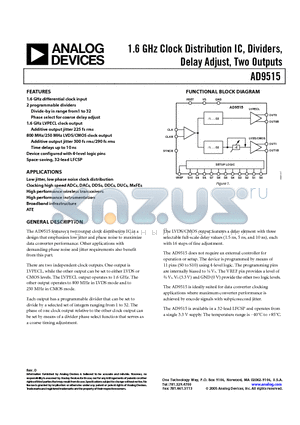 AD9515 datasheet - 1.6 GHz Clock Distribution IC, Dividers, Delay Adjust, Two Outputs