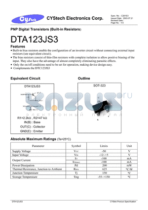 DTA123JS3 datasheet - PNP Digital Transistors (Built-in Resistors)