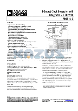 AD9516-0 datasheet - 14-Output Clock Generator with Integrated 2.8 GHz VCO