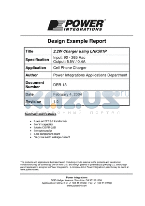 LNK501P_1 datasheet - 2.2W Cell Phone Charger