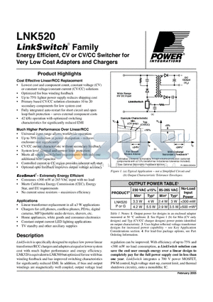 LNK520 datasheet - Energy Efficient, CV or CV/CC Switcher for Very Low Cost Adapters and Chargers