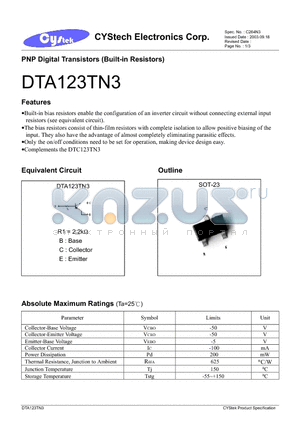 DTA123TN3 datasheet - PNP Digital Transistors (Built-in Resistors)