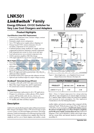 LNK501 datasheet - Energy Efficient, CV/CC Switcher for Very Low Cost Chargers and Adapters
