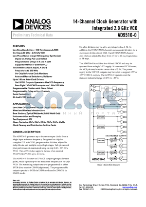 AD9516-0 datasheet - 14-Channel Clock Generator with Integrated 2.8 GHz VCO