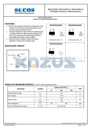 DTA123YCA datasheet - PNP Digital Transistors (Built-in Resistors)