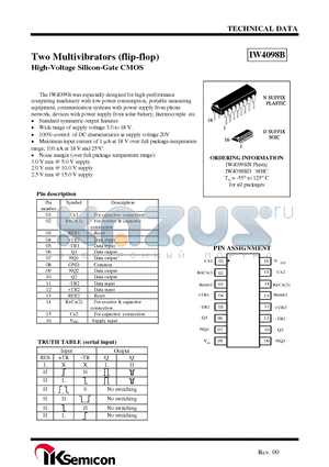 IW4098BD datasheet - Two Multivibrators (flip-flop) High-Voltage Silicon-Gate CMOS