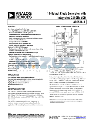 AD9516-1 datasheet - 14-Output Clock Generator with Integrated 2.5 GHz VCO