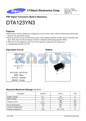 DTA123YN3 datasheet - PNP Digital Transistors (Built-in Resistors)