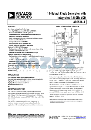AD9516-4 datasheet - 14-Output Clock Generator with Integrated 1.6 GHz VCO