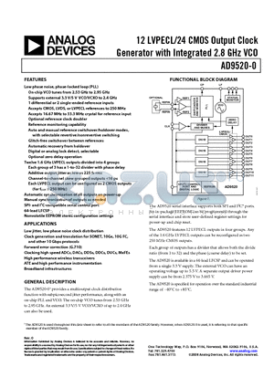 AD9520-0BCPZ datasheet - 12 LVPECL/24 CMOS Output Clock Generator with Integrated 2.8 GHz VCO