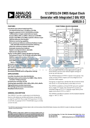 AD9520-3BCPZ-REEL7 datasheet - 12 LVPECL/24 CMOS Output Clock Generator with Integrated 2 GHz VCO