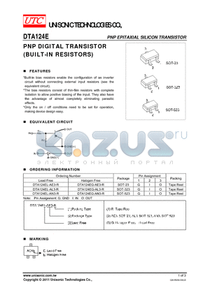 DTA124EG-AL3-R datasheet - PNP DIGITAL TRANSISTOR