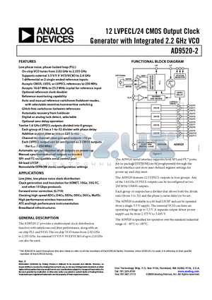 AD9520-2BCPZ datasheet - 12 LVPECL/24 CMOS Output Clock Generator with Integrated 2.2 GHz VCO
